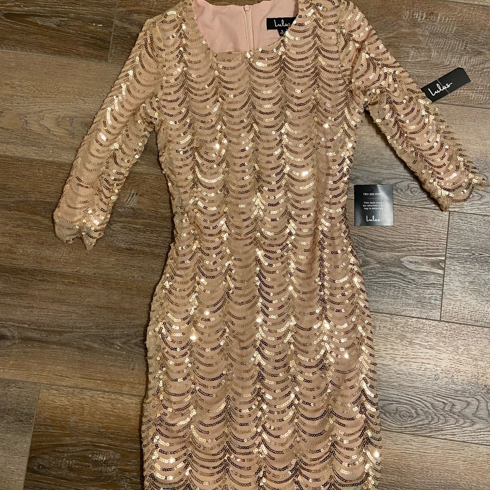 Lulu's Gold Midi Sheath Dress with 3/4 Cuffed Sleeves